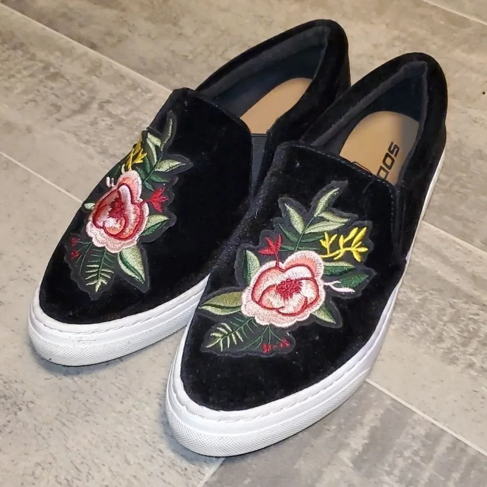 Black Velvet Embroidered Slip On Loafers